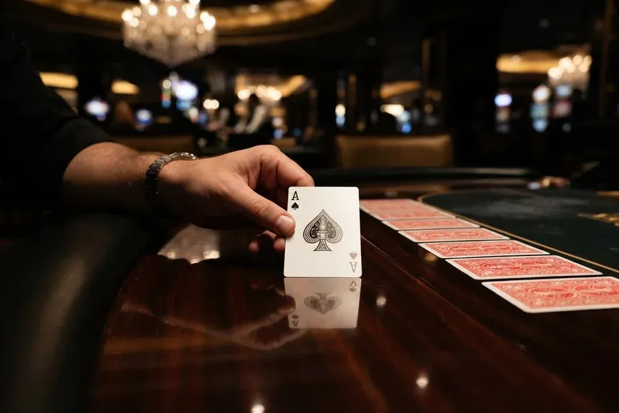 Casinos fuera de España: mano que muestra un as de picas sobre una mesa de juego