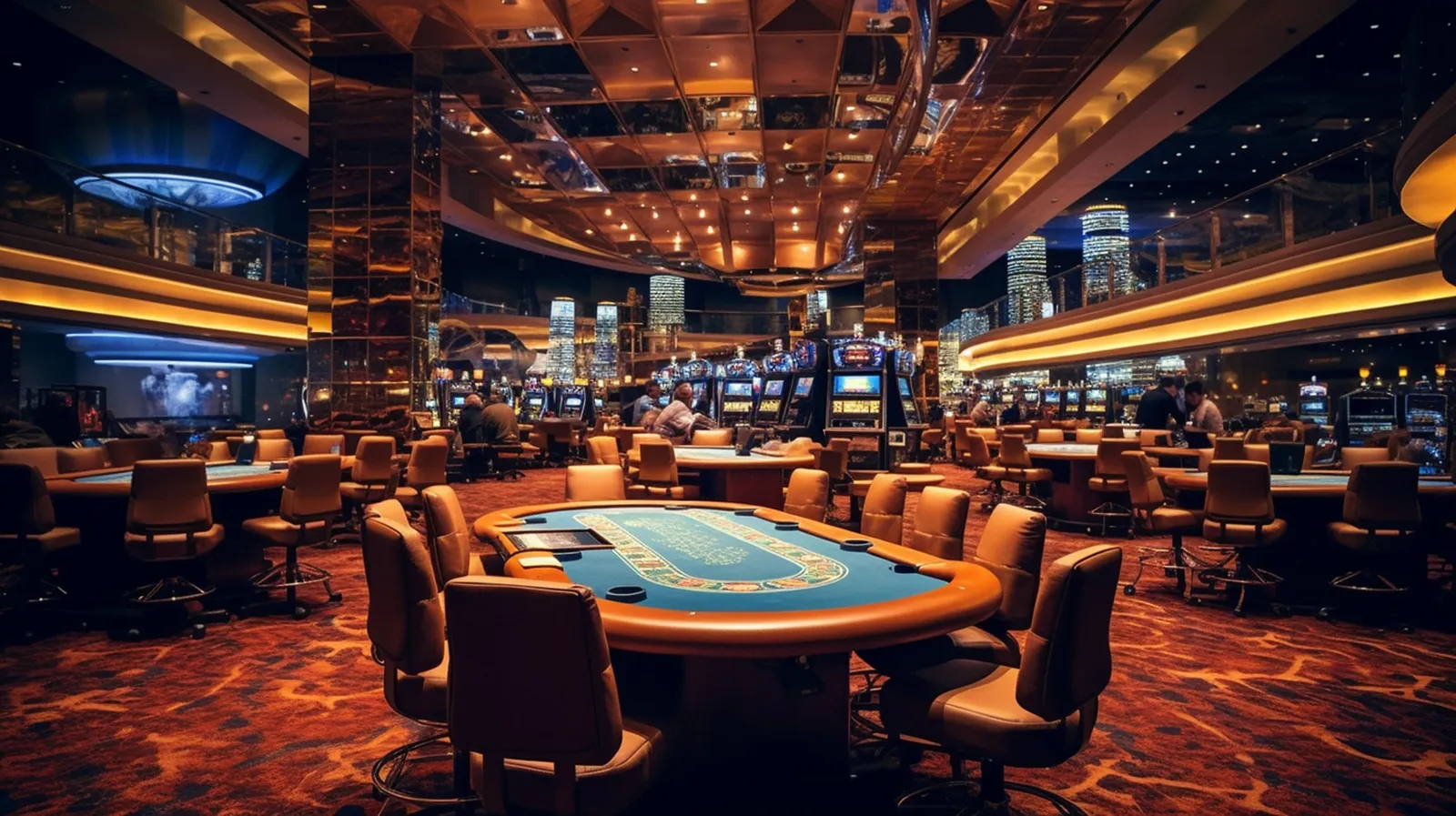 Sala de casino con mesas de póquer, sillas de piel y tragaperras al fondo
