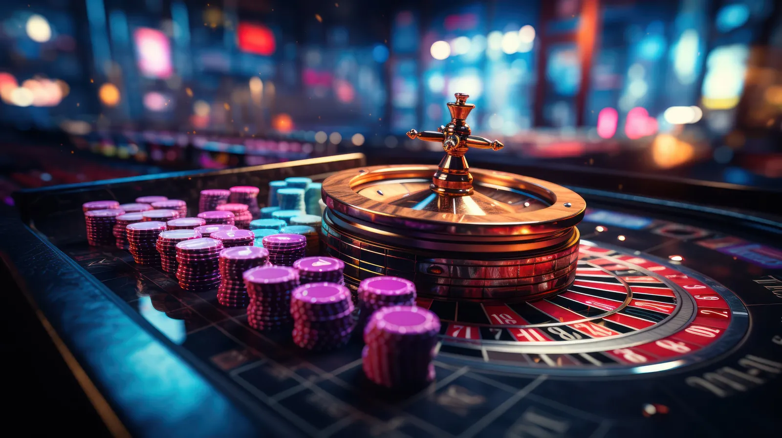 Ruleta de casino junto a pilas de fichas de colores con luces de neón al fondo