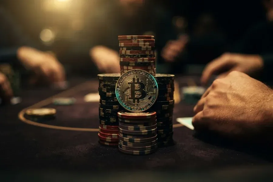 Casinos sin licencia con criptomonedas: moneda de bitcoin entre pilas de fichas en una mesa