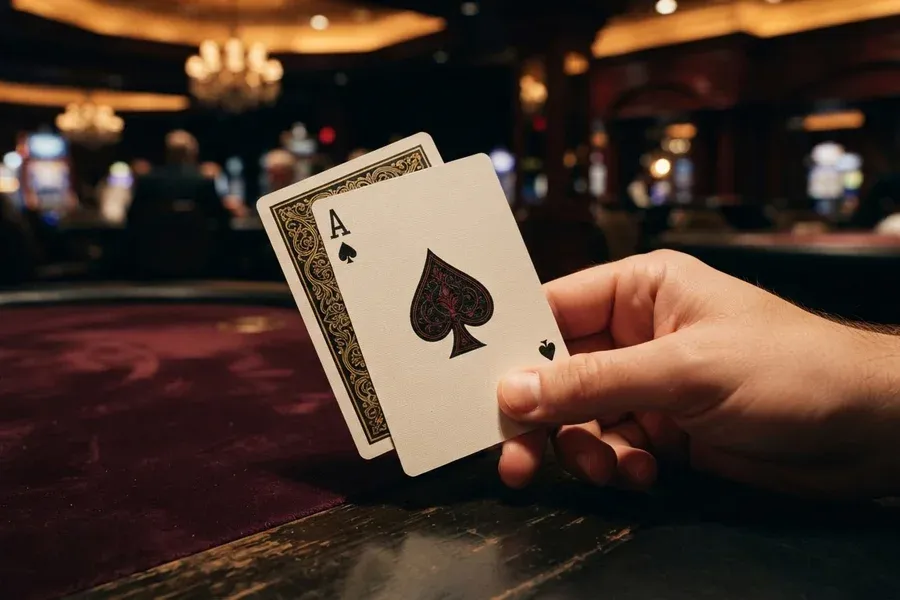 Casinos online europeos: mano que sostiene un as de picas en una sala de casino