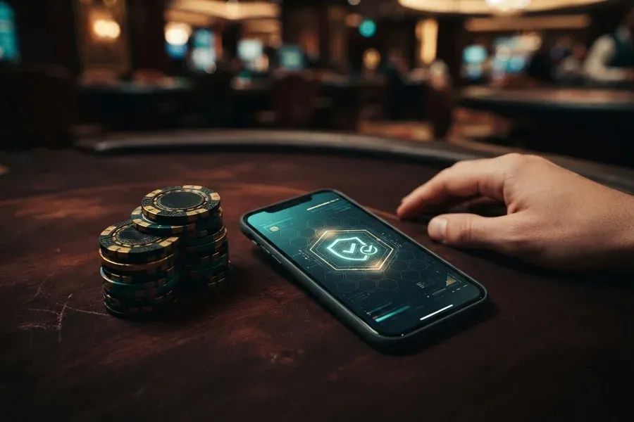 Casinos sin licencia seguros: móvil con un icono de escudo junto a fichas de casino
