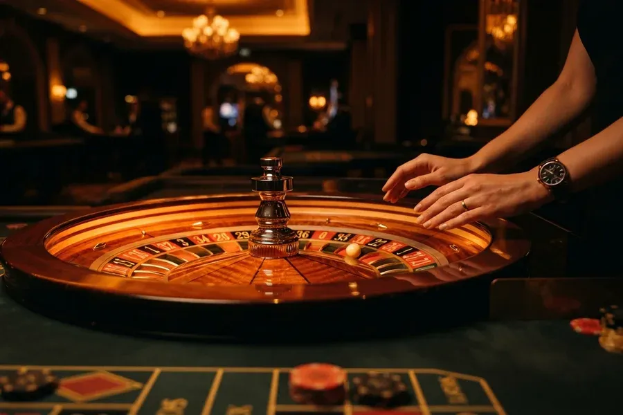 Casino sin licencia DGOJ: crupier junto a una ruleta en una sala de casino