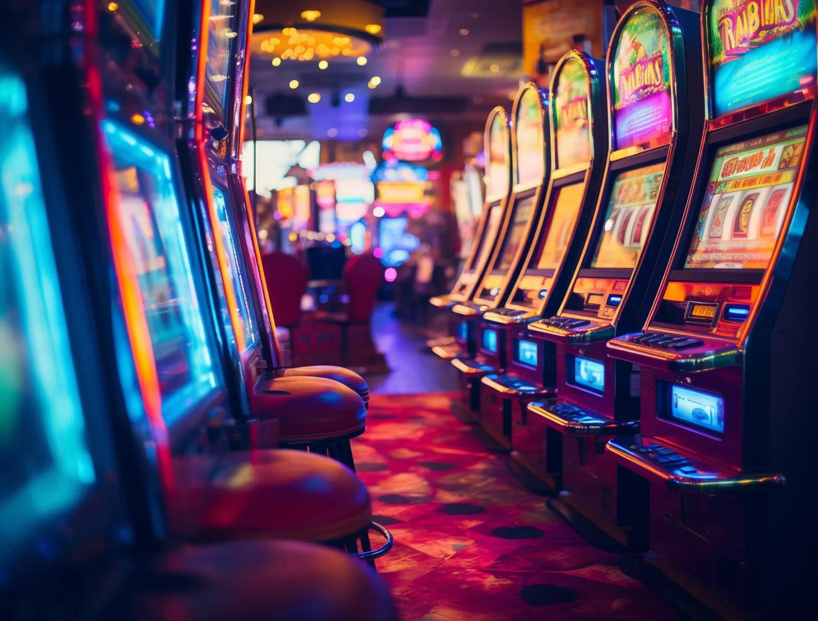 Pasillo de tragaperras iluminadas con luces de neón en un casino