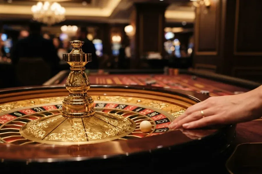 Casino sin licencia España riesgos: mano junto a una ruleta dorada en un casino