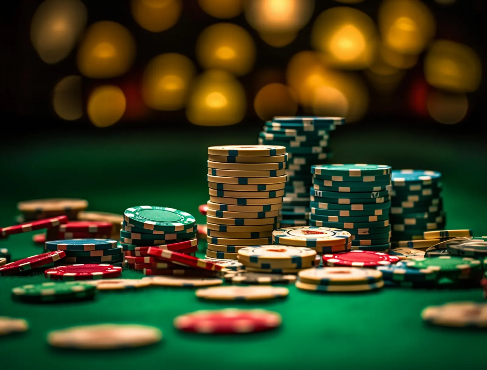 Pilas de fichas de casino sobre un tapete verde con luces doradas desenfocadas