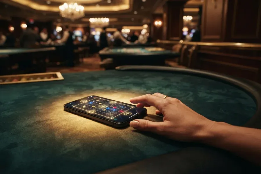 Apps de casino online sin licencia: móvil con un juego en pantalla sobre una mesa de casino