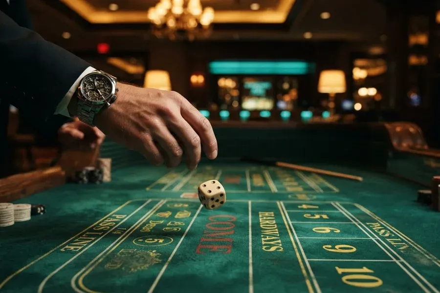 Casinos sin licencia con retiro rápido: mano que lanza un dado sobre una mesa de dados